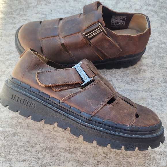 Vintage Skechers Chunky Lug Fisherman Leather Sandals Gaucho Brown M 7 W 9